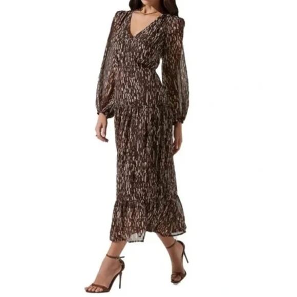 ASTR the Label Chiffon Tiered Maxi Dress Brown Multi S — Balloon Sleeve w/ Slit - Picture 1 of 10